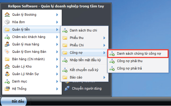 Danh sách chứng từ công nợ 1 Đường dẫn đến Danh sách chứng từ công nợ