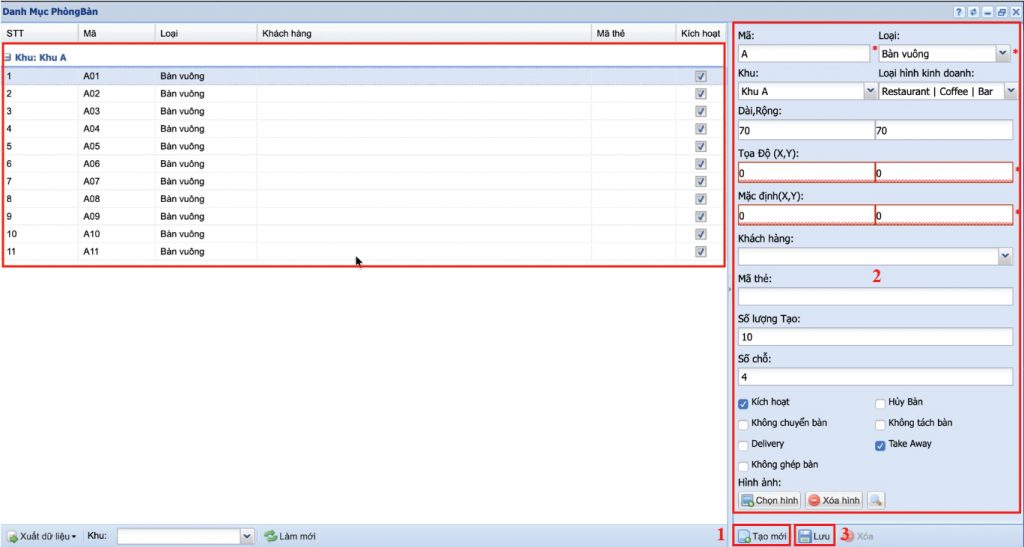 Thao tác tạo mới phòng - bàn
